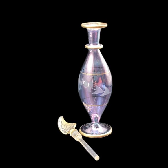 Egyptian Hand Blown Glass Perfume Bottle Blue Purple Iridescent Etched Floowers - Picture 4 of 5